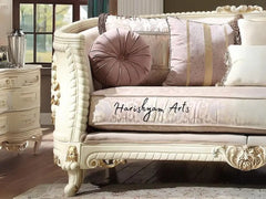 Elegant Bone Carved Wood 2-Piece Cream Chenille Sofa Set