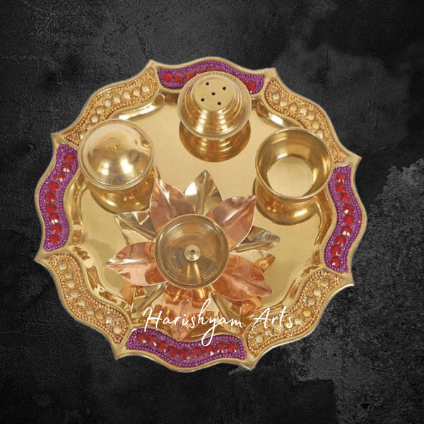 Elegant Brass Pooja Thali Set with Kalash Diya and Ritual Essentials