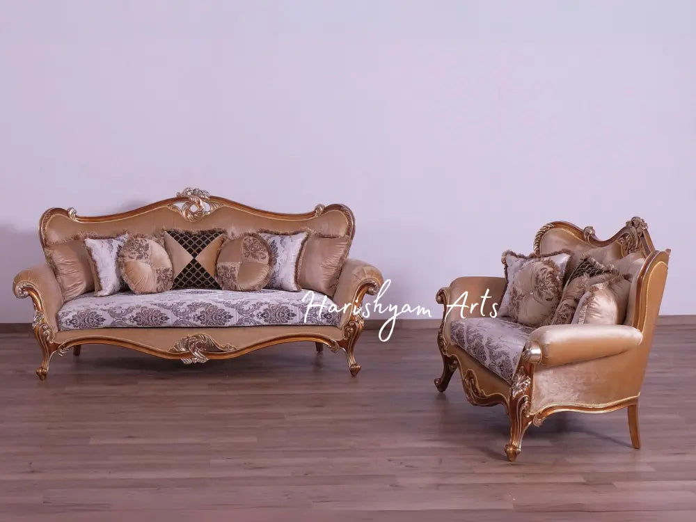 Elegant Gold and Brown Wood Trim Luxury Sofa Set