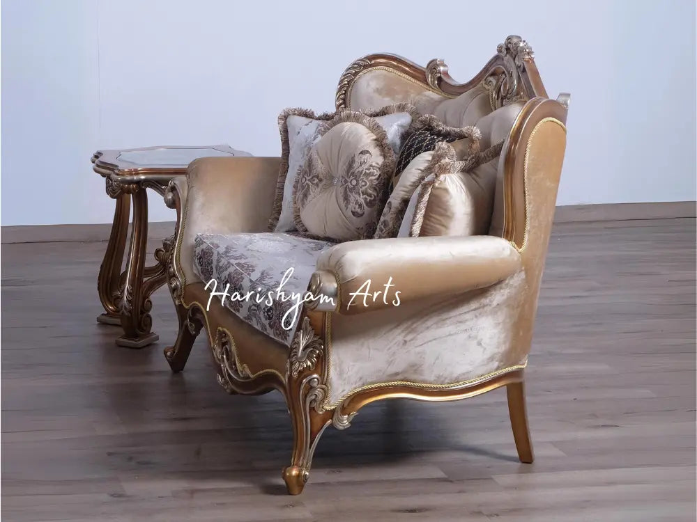 Elegant Gold and Brown Wood Trim Luxury Sofa Set