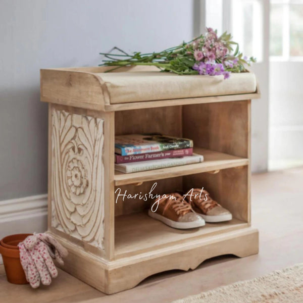 Elegant Hand-Carved Wooden Shoe Rack for Home & Entryway