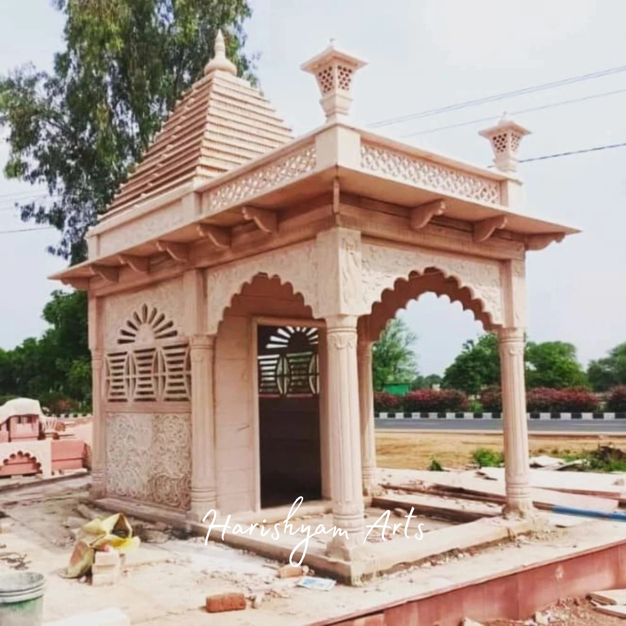 Elegant Handcrafted Outdoor Sandstone Mandir | Traditional Carved Stone Temple Pavilion with Arched Entrances & Shikhara Dome