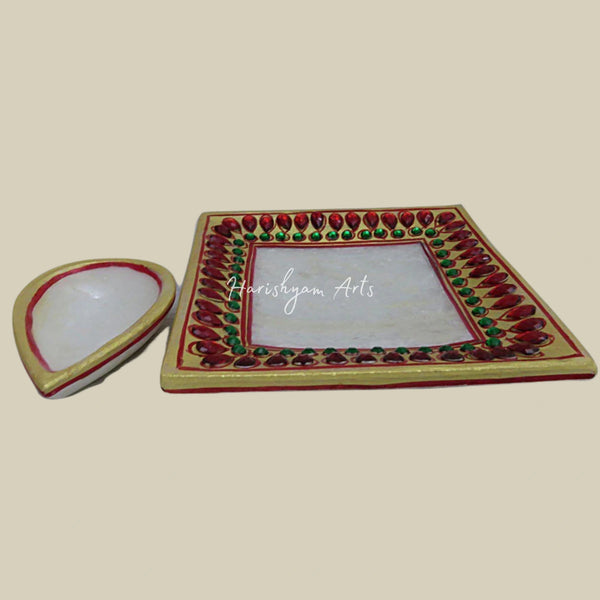 Elegant Marble Diya with Tray - Set of 2