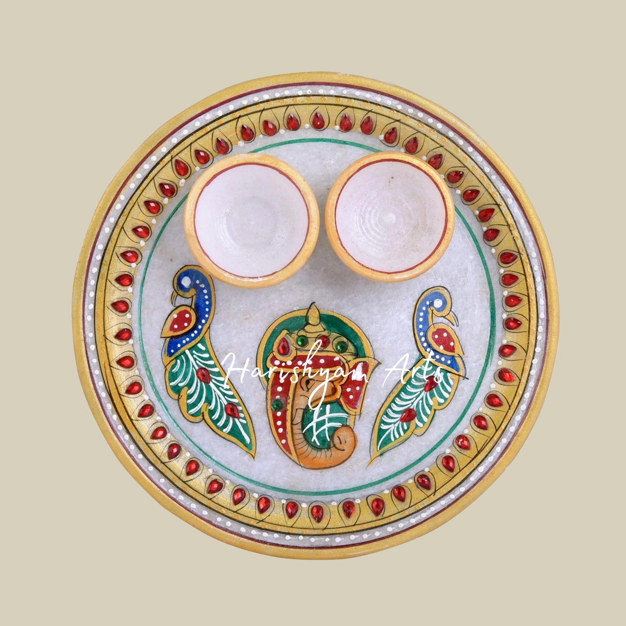 Elegant Marble Pooja Thali Set with Ganesha and Peacock Design with Attached Bowl