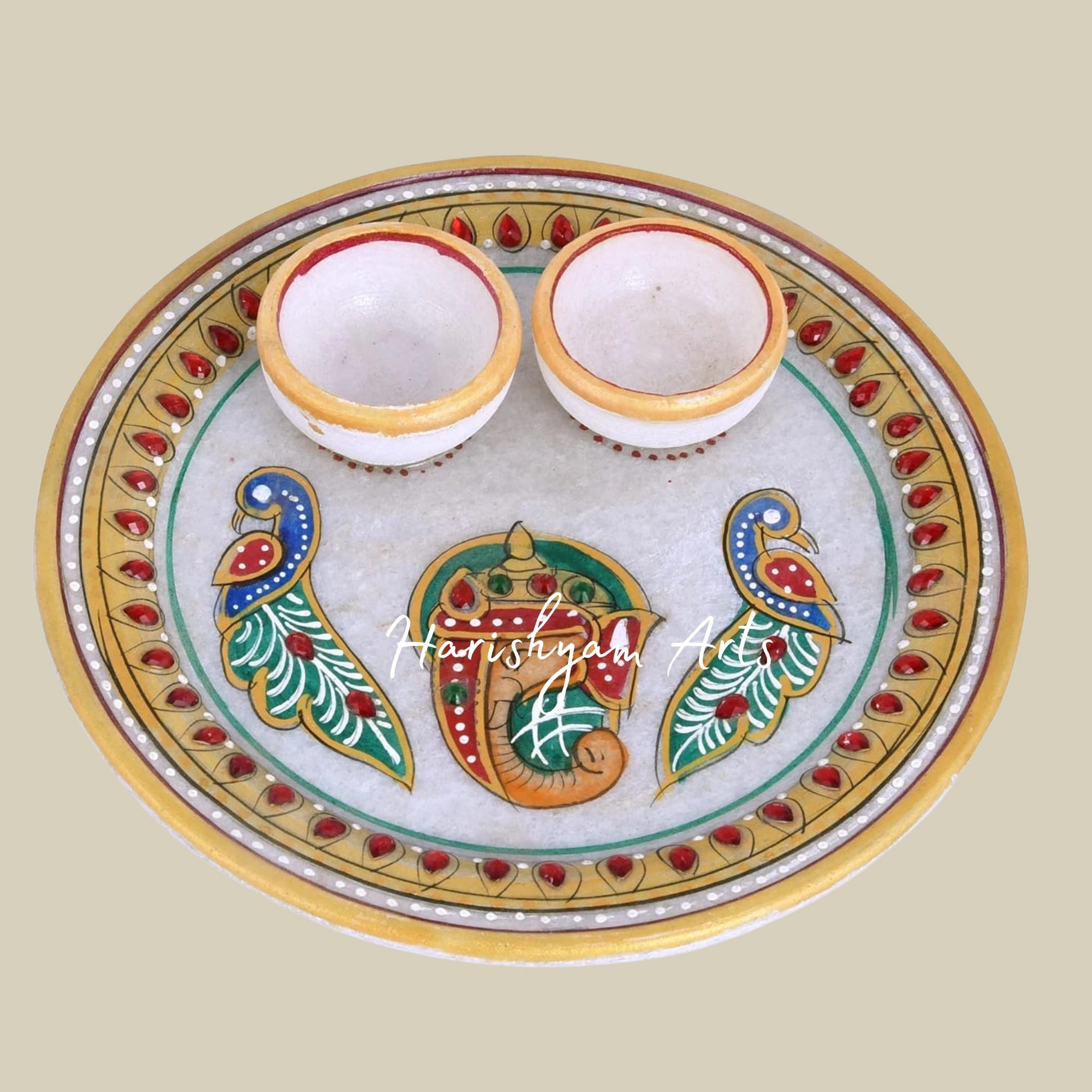 Elegant Marble Pooja Thali Set with Ganesha and Peacock Design with Attached Bowl