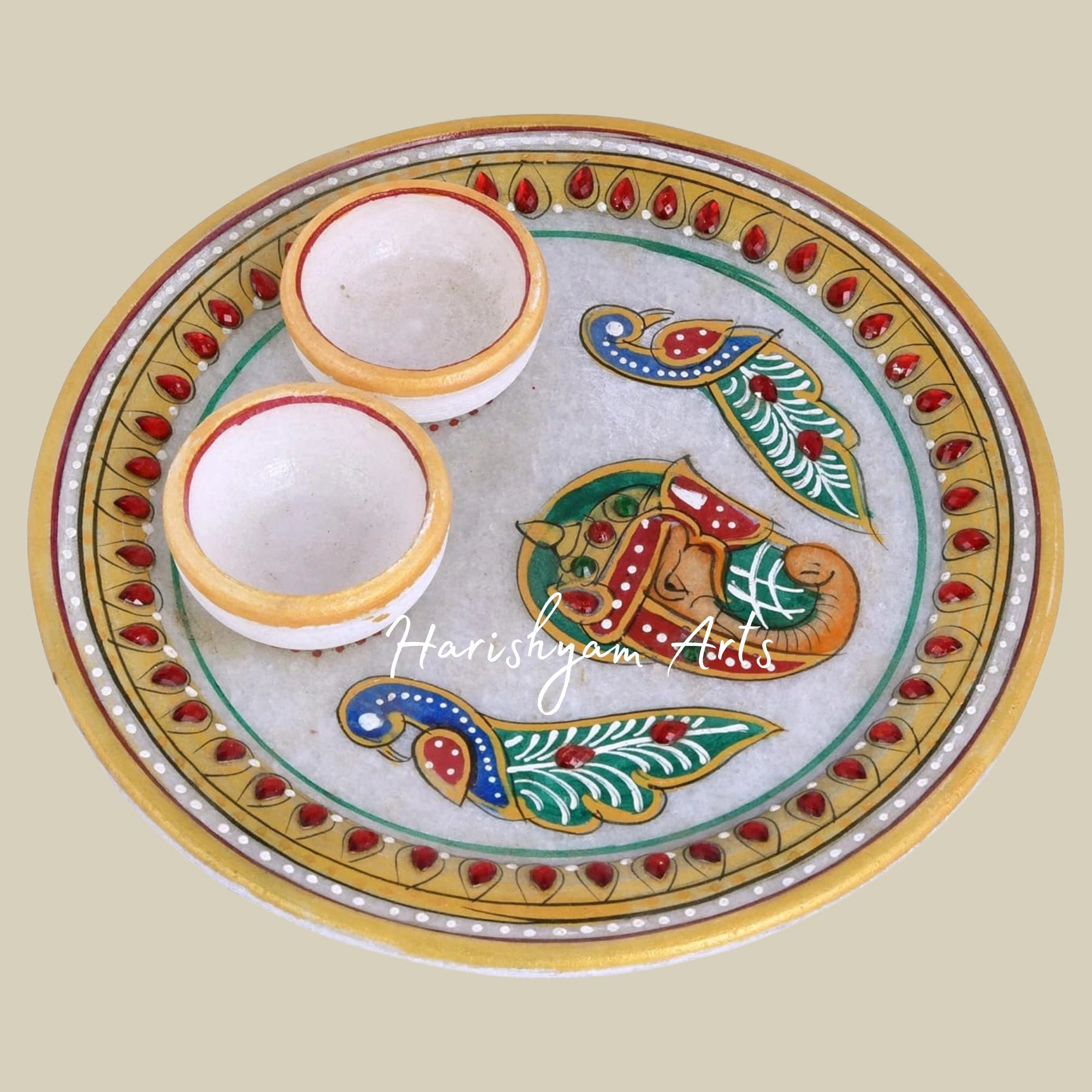 Elegant Marble Pooja Thali Set with Ganesha and Peacock Design with Attached Bowl