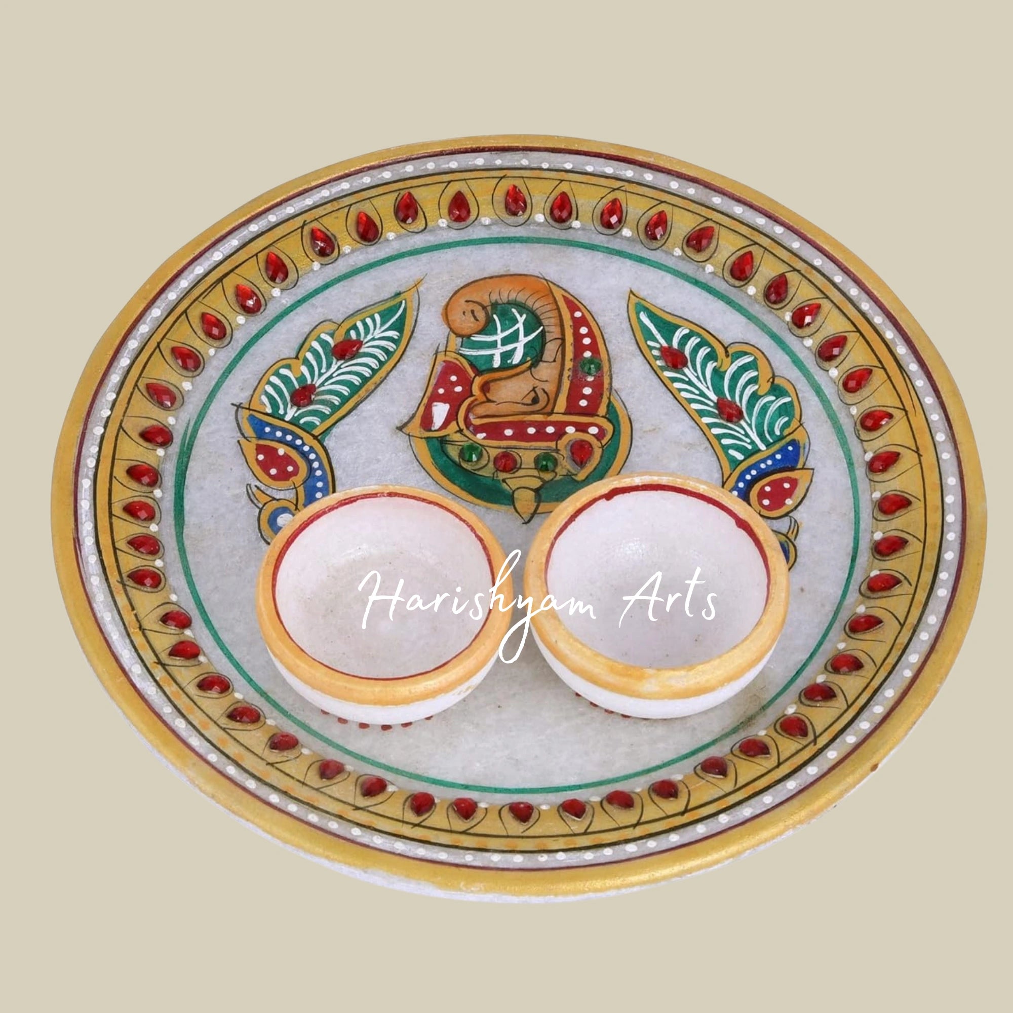 Elegant Marble Pooja Thali Set with Ganesha and Peacock Design with Attached Bowl