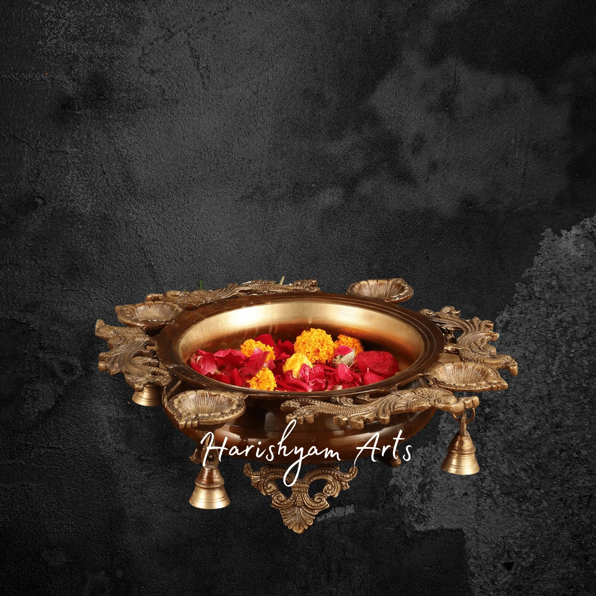 Elegant Pure Brass Urli with Attached Diyas for Temple and Pooja Room3