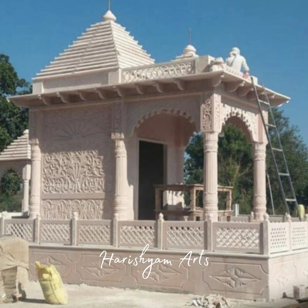 Exquisite Handcrafted Pink Sandstone Mandir with Intricate Carvings, Pillars & Dome | Perfect for Home and Outdoor Worship Spaces