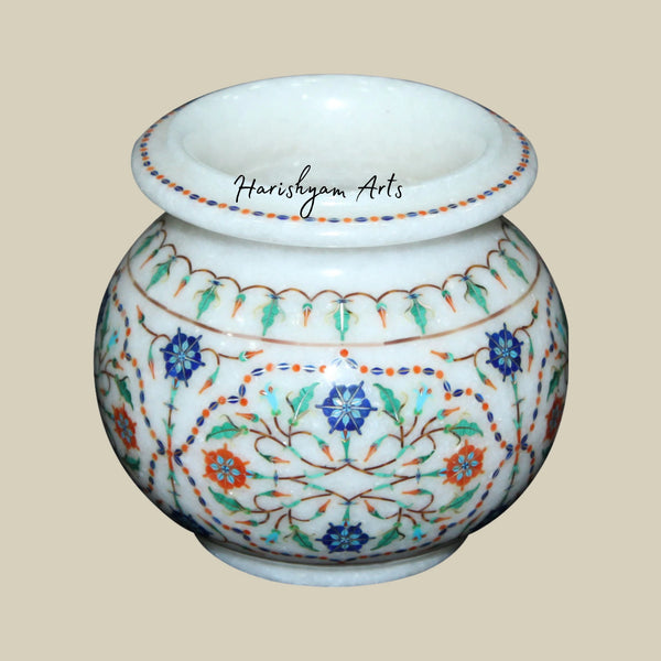 Floral Decorative Marble Flower Pot Elegant Handicraft Piece