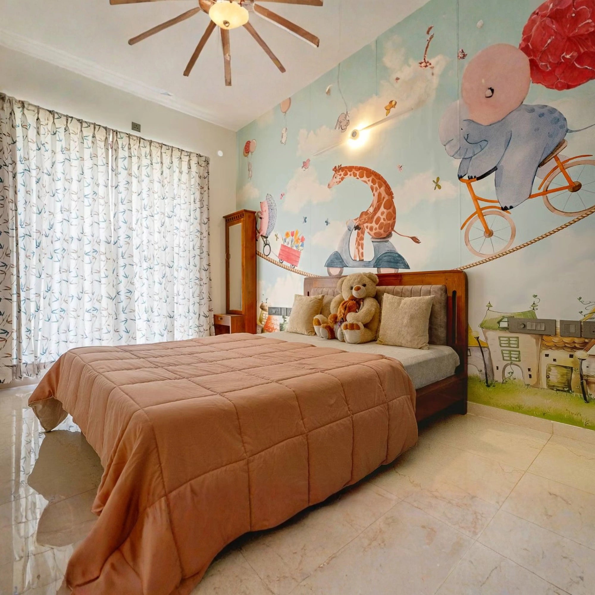 Fun Jungle-Inspired Kids Room with Giraffe & Elephant Wall Design