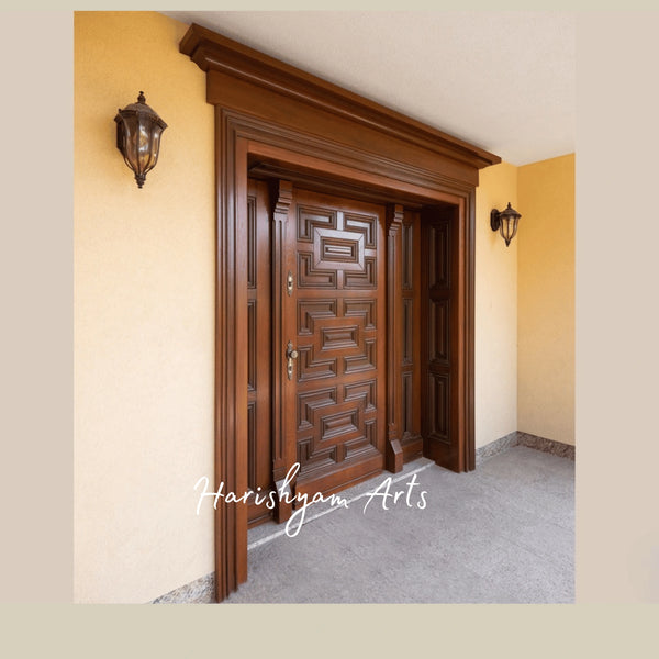 Geometric Elegance Double Door – Solid Teak Main Entrance with Art Deco Wooden Panels, Luxury Villa Entryway Door