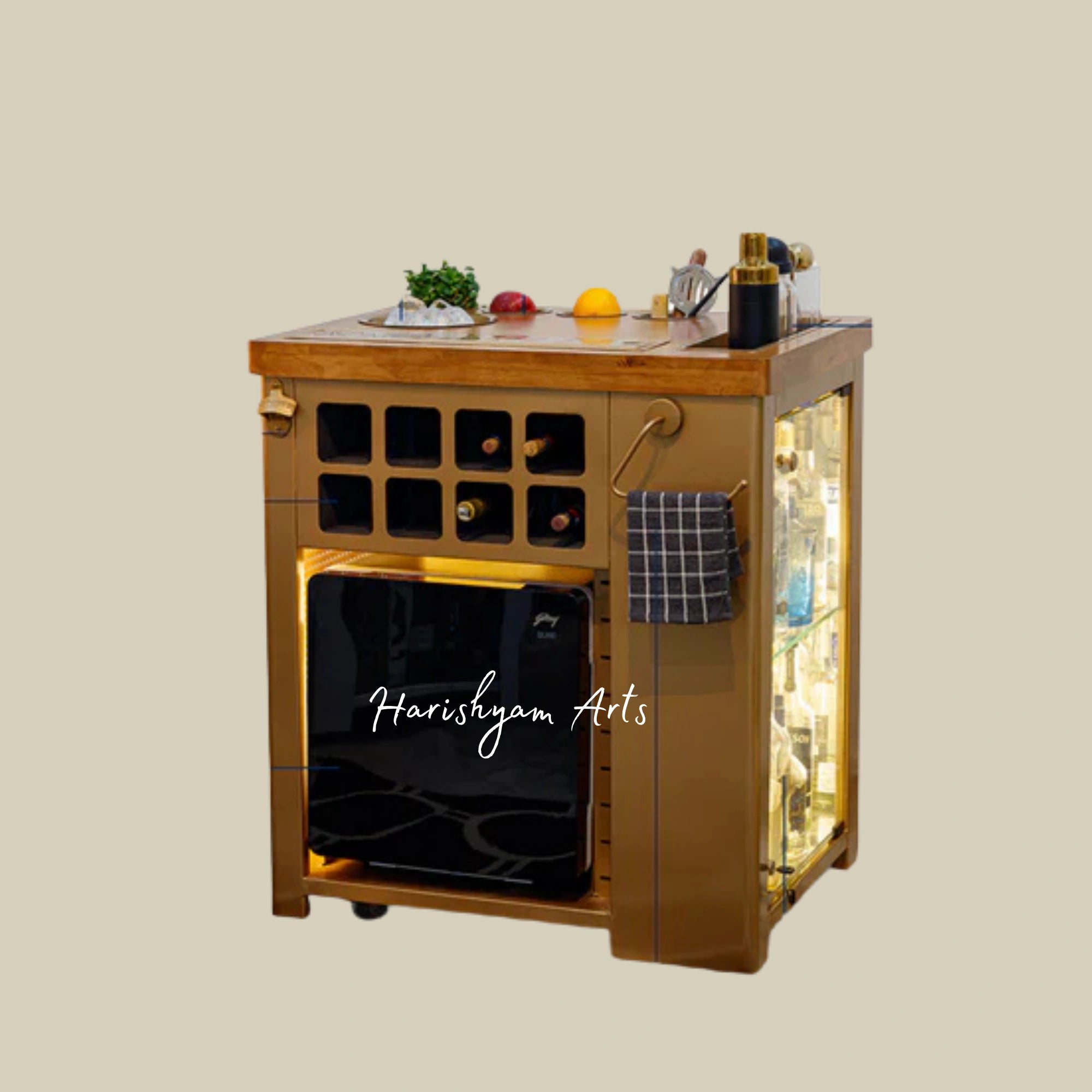 Gold Lattice Bar Cabinet with Polished Wooden Top