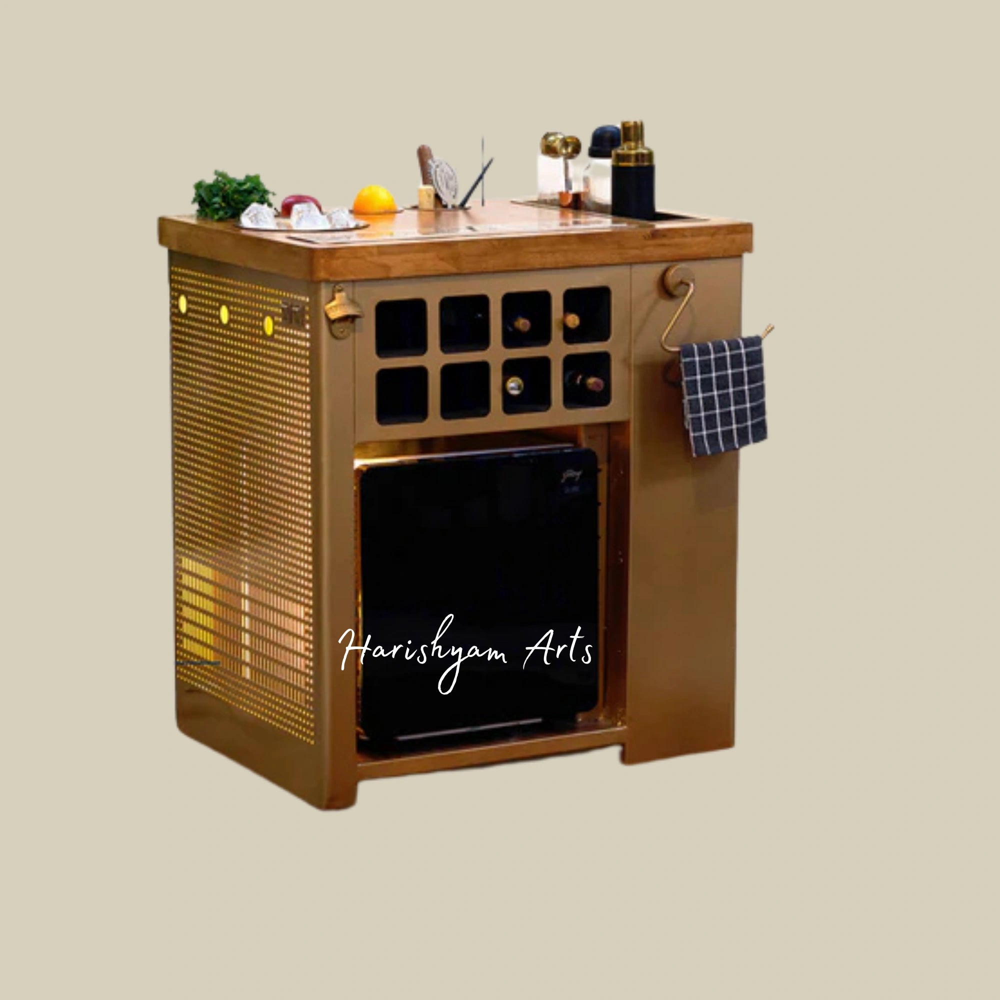 Gold Lattice Bar Cabinet with Polished Wooden Top