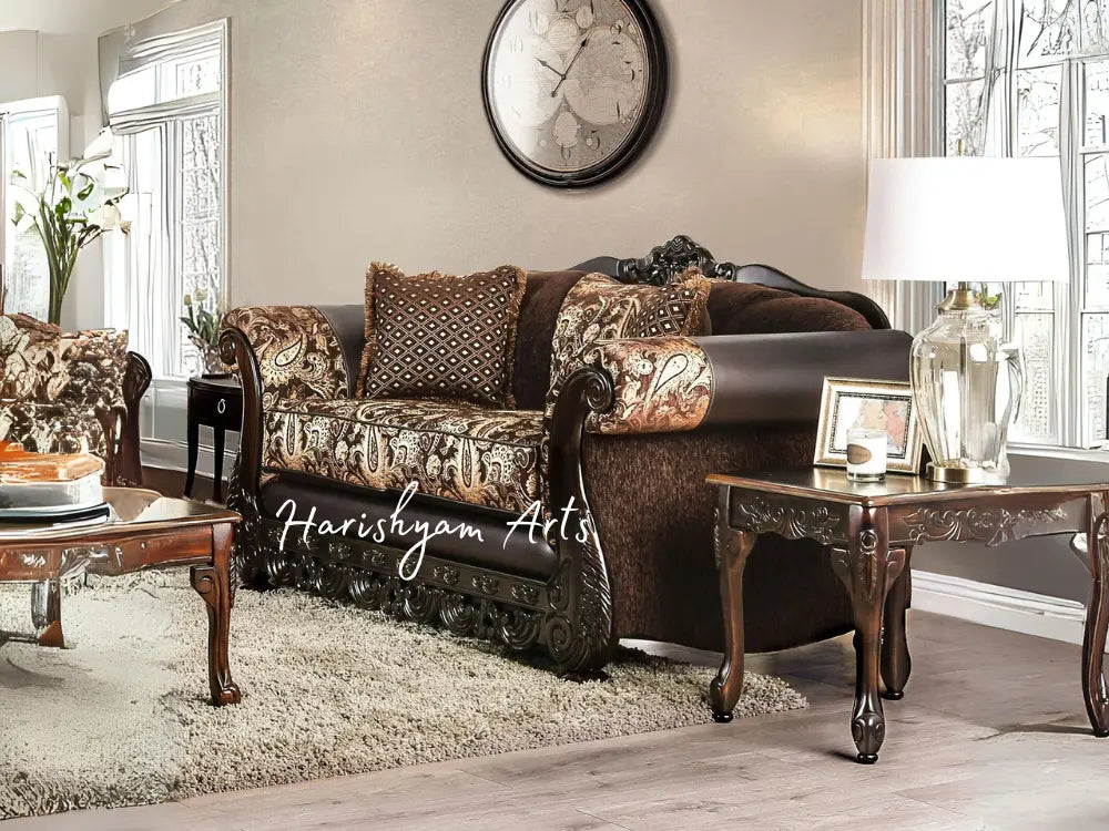 Gold and Brown Chenille Loveseat Sofa Set