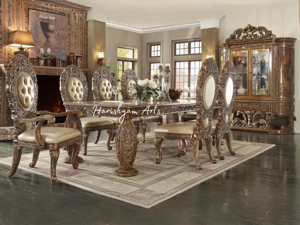 Golden Brown Traditional 7-Piece Dining Set with Luxurious Design, Carved Table, and Chairs