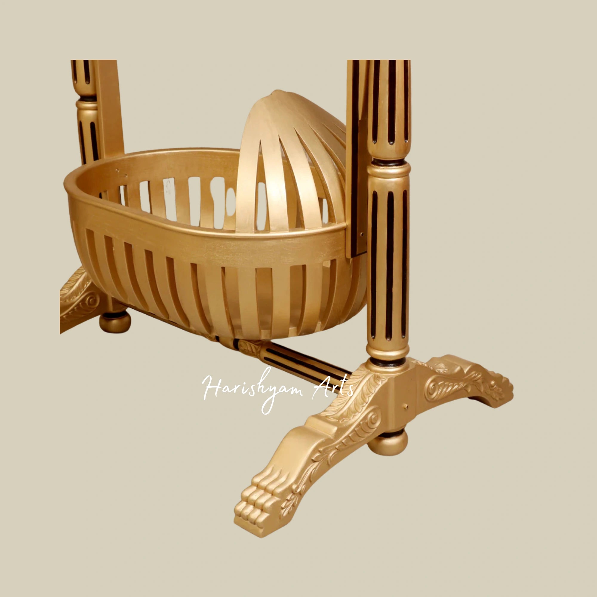 Golden Finish Dawn Teak Wood Handmade Baby Cradle