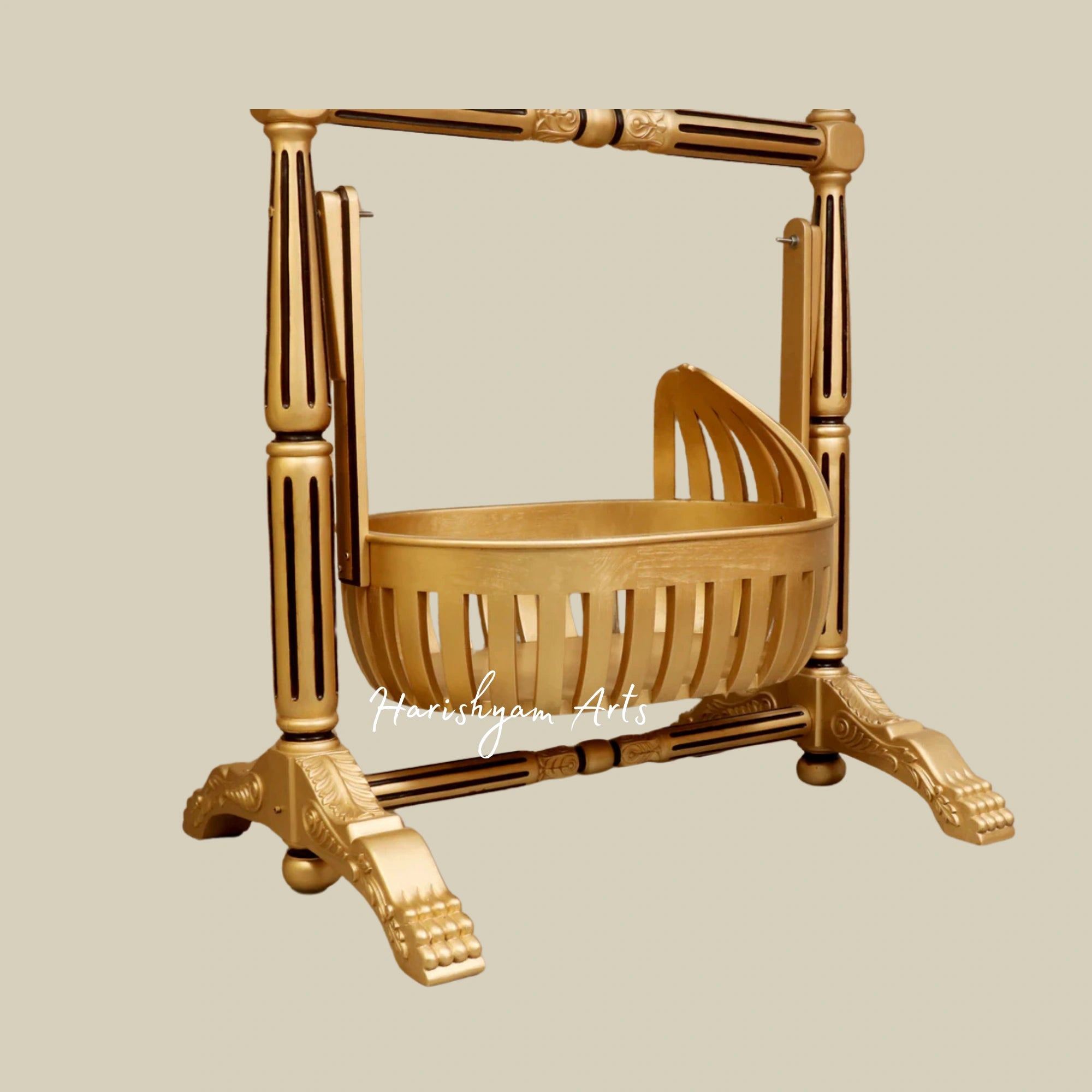 Golden Finish Dawn Teak Wood Handmade Baby Cradle