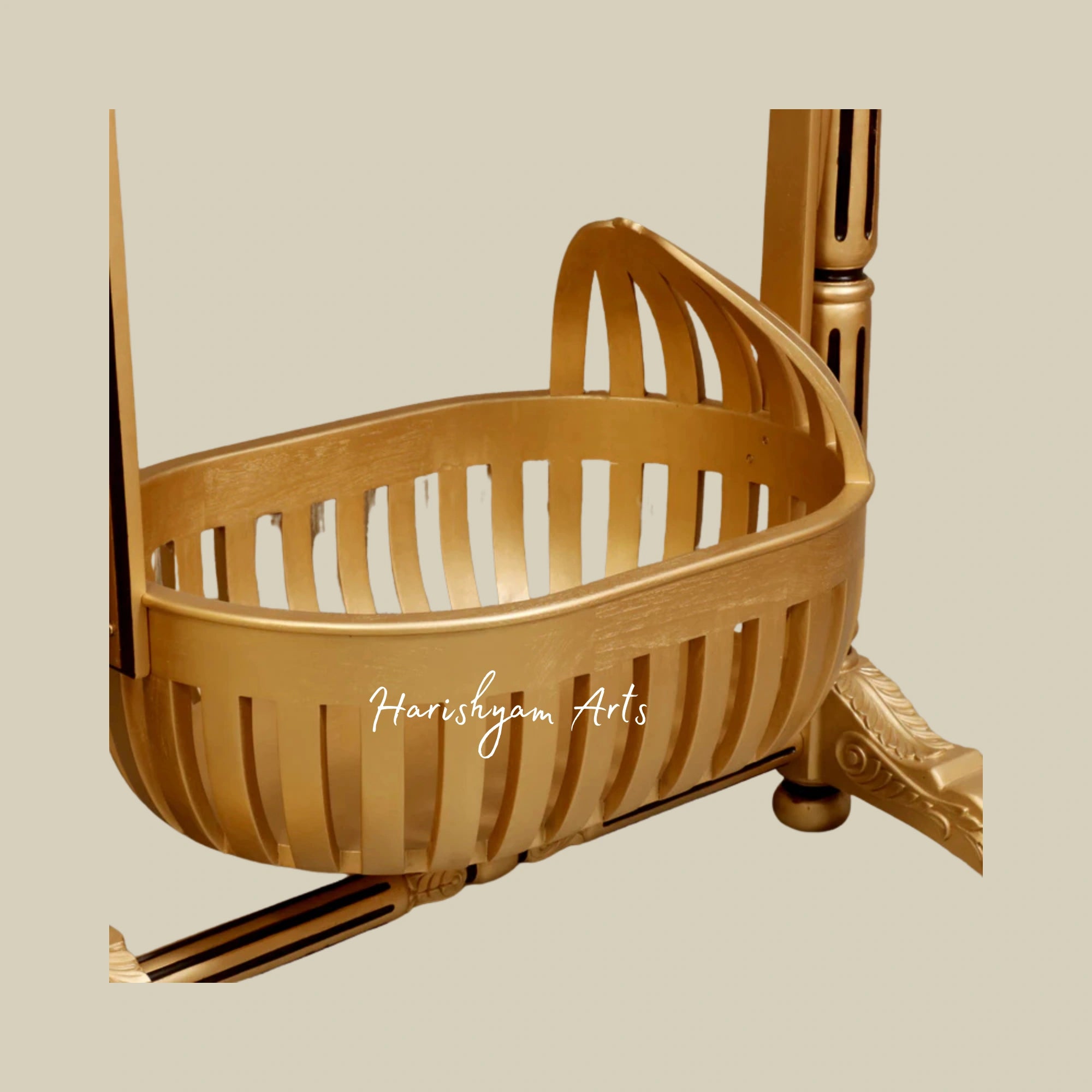 Golden Finish Dawn Teak Wood Handmade Baby Cradle