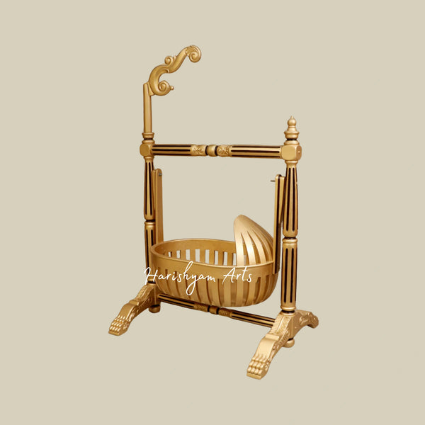 Golden Finish Dawn Teak Wood Handmade Baby Cradle