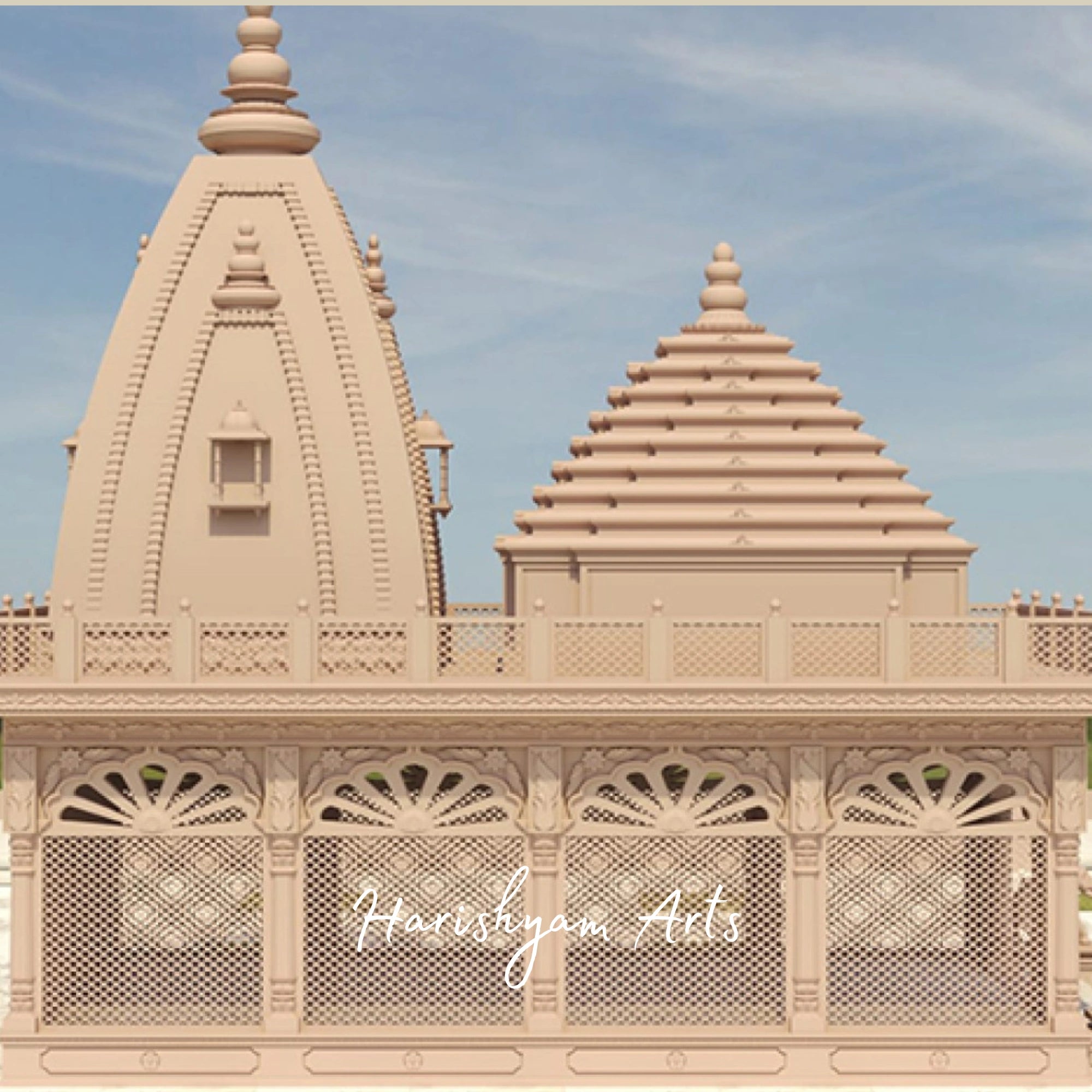 Grand Architectural Pink Sandstone Mandir with Intricate Jali and Shikhara Design | Double Dome Sandstone Temple with Carved Pillars & Detailing