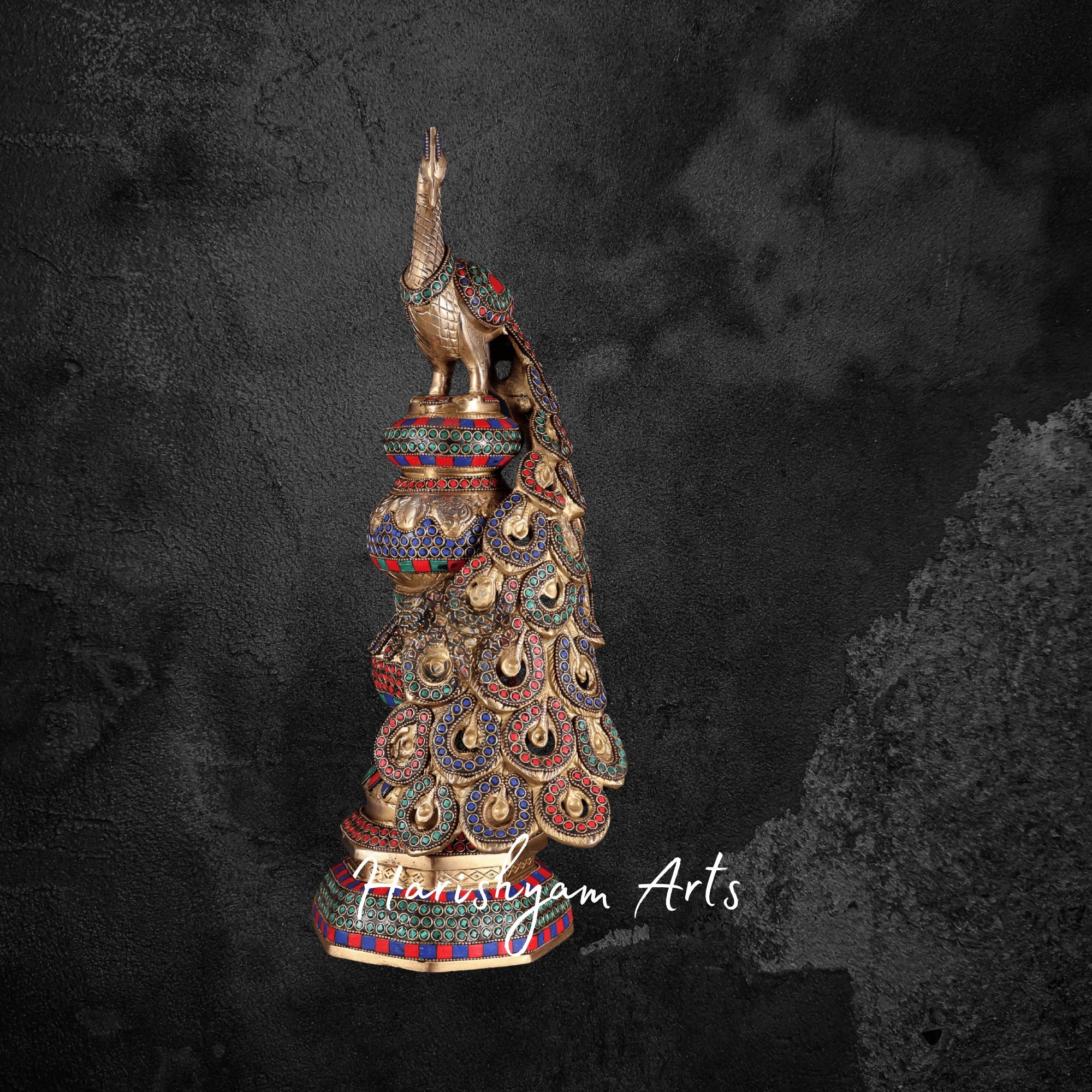 Grand Brass Peacock Statue with Decorative Ring Stone Inlay