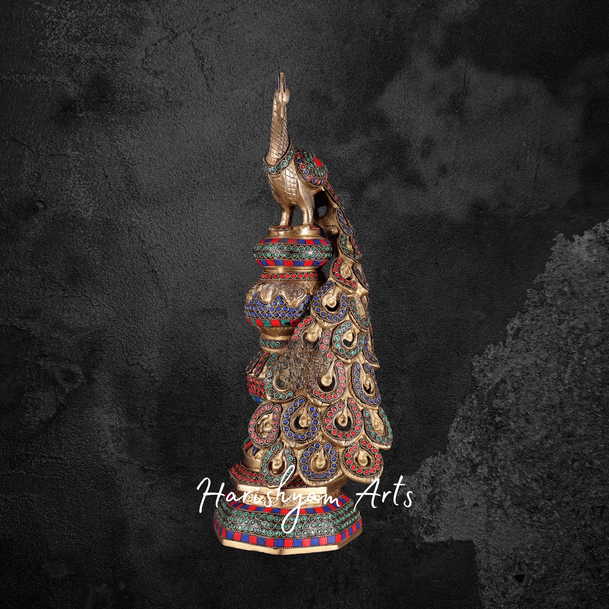 Grand Brass Peacock Statue with Decorative Ring Stone Inlay