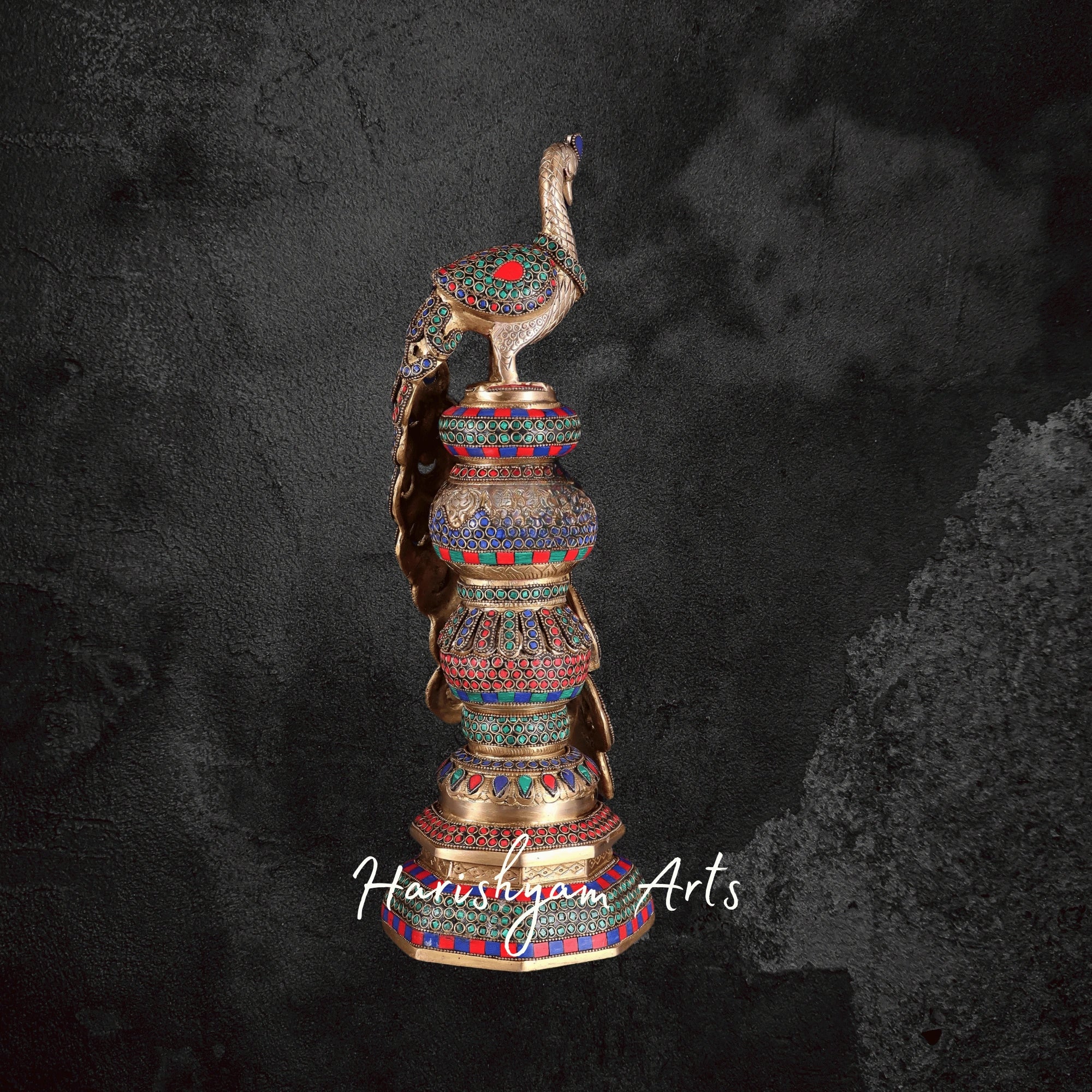 Grand Brass Peacock Statue with Decorative Ring Stone Inlay