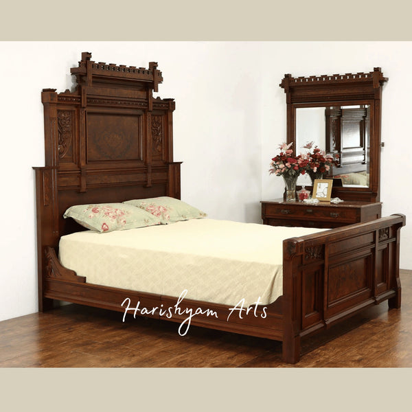 Grand Heritage Bedroom Set Handcrafted Solid Wood Bed with Elegant Mirror Dresser