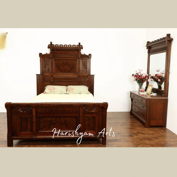 Grand Heritage Bedroom Set Handcrafted Solid Wood Bed with Elegant Mirror Dresser