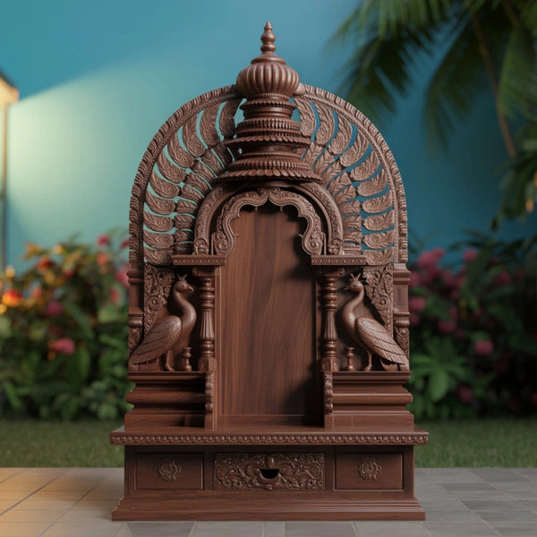 Grand Teak Wood Floor Mandir with Shikhara and Peacock Pillars