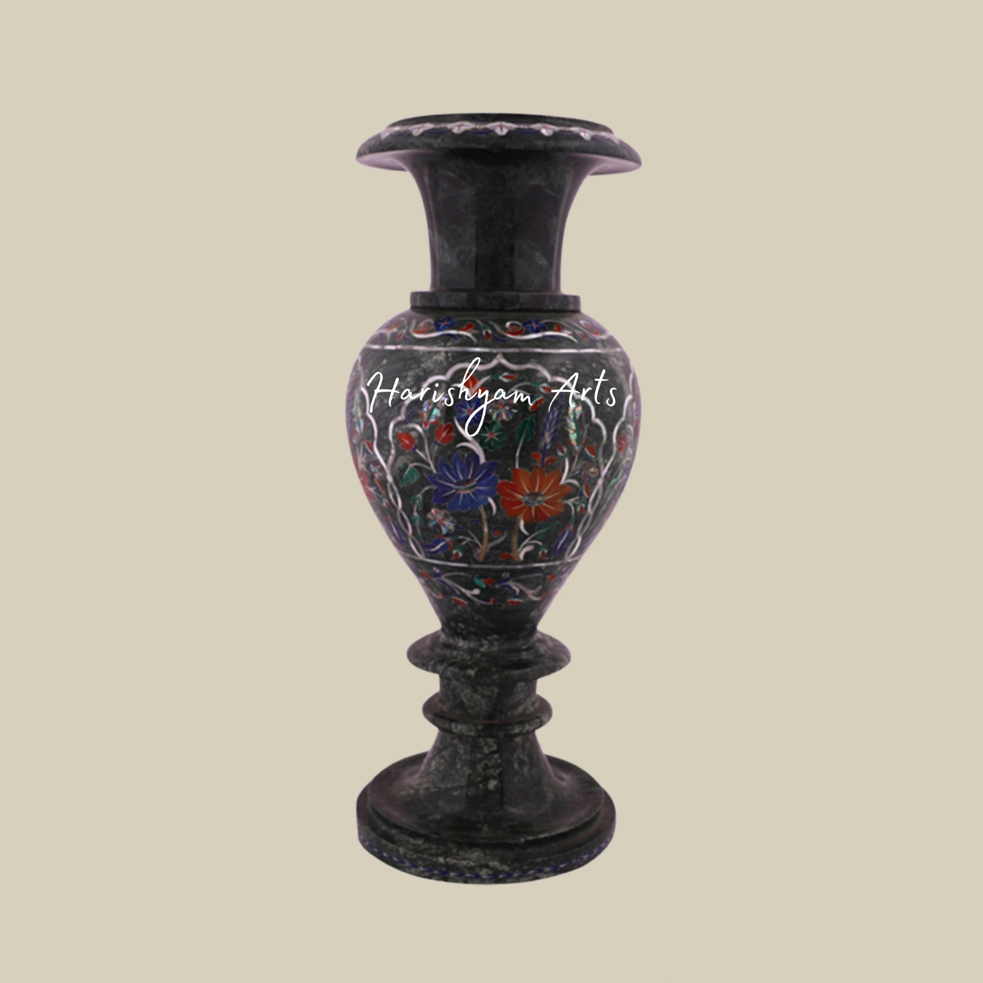 Green Marble Flower Vase with Inlaid Marquetry – Decorative Masterpiece