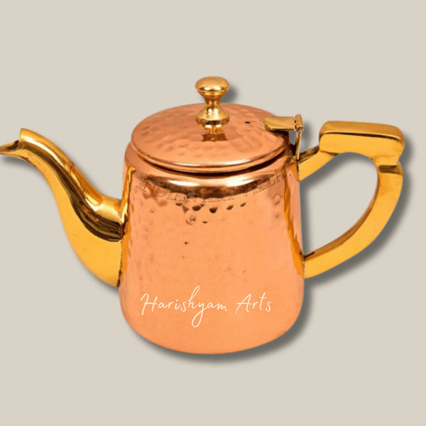 Hammered Tea Pot with Copper Exterior Tin Lining and Brass Handle