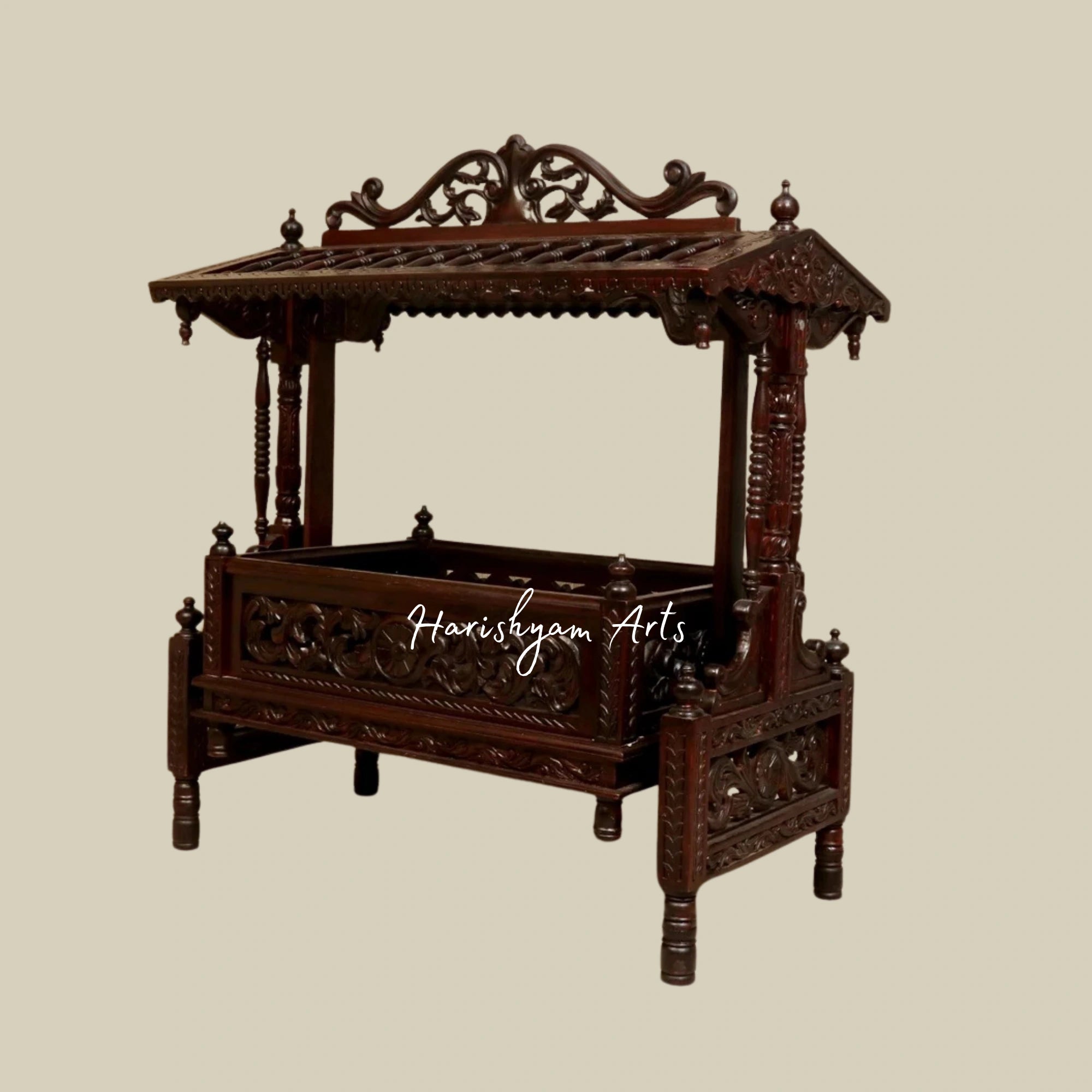 Hand-Carved Wooden Baby Cradle with Elegant Detailing