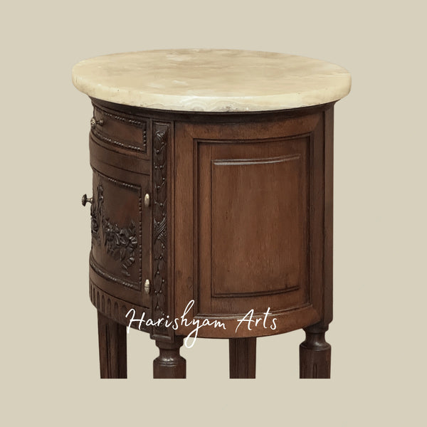 Hand-Carved Wooden Bedside Table with Floral Detailing