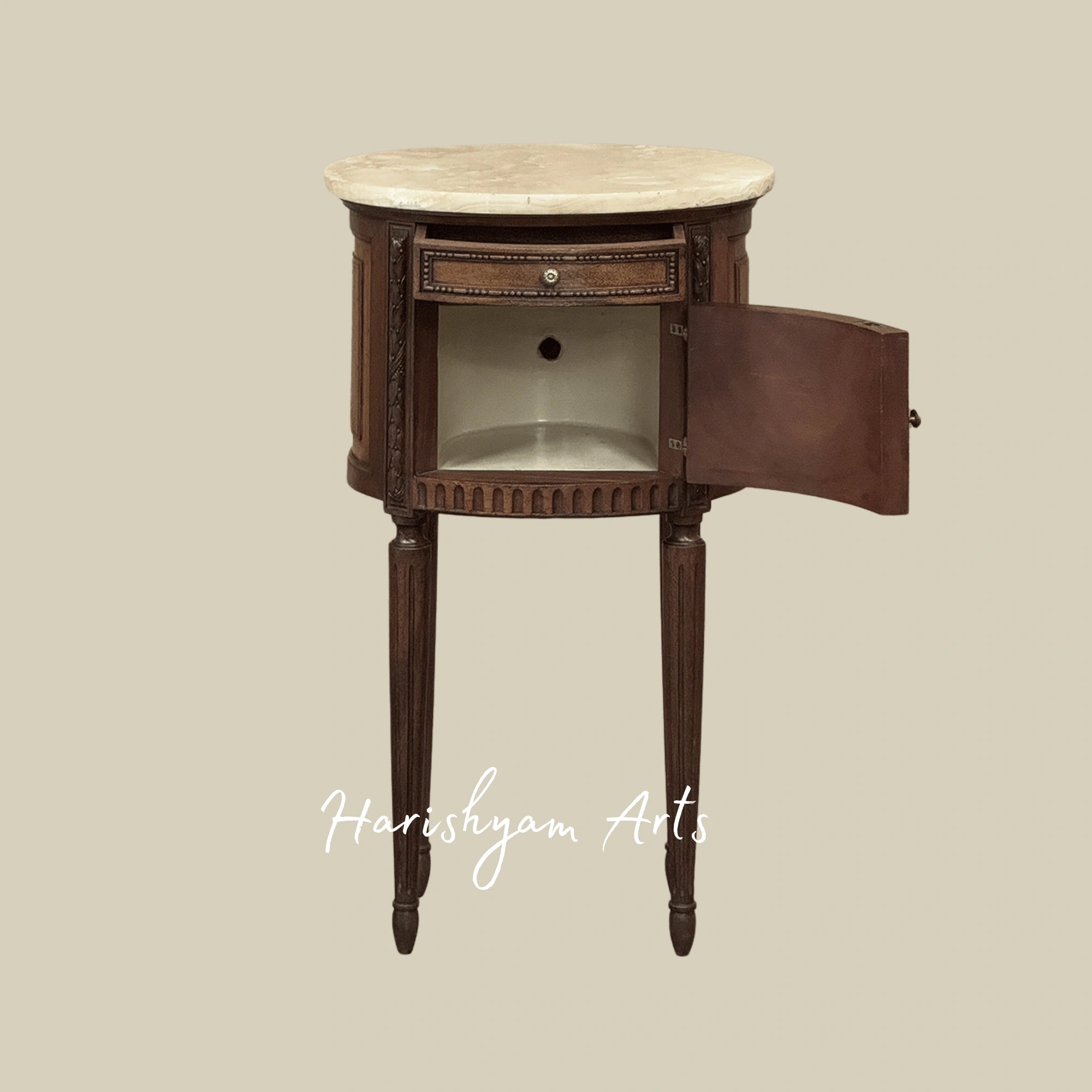 Hand-Carved Wooden Bedside Table with Floral Detailing