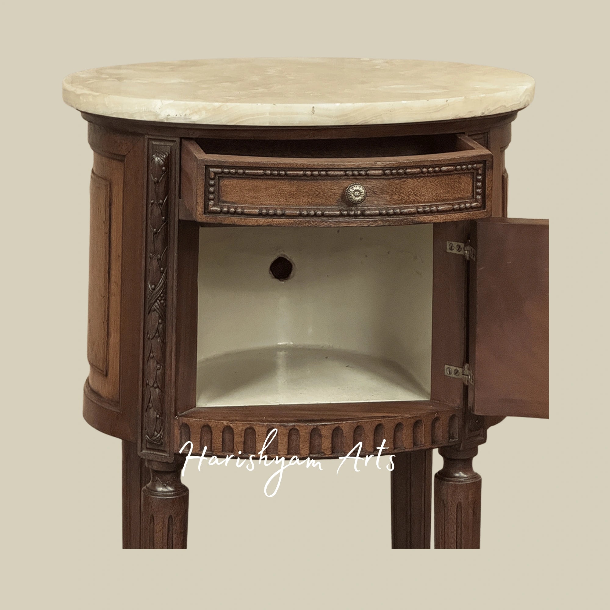 Hand-Carved Wooden Bedside Table with Floral Detailing
