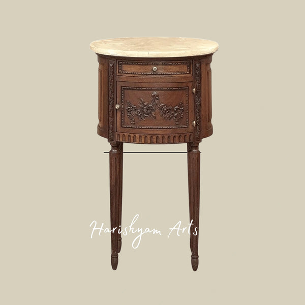 Hand-Carved Wooden Bedside Table with Floral Detailing