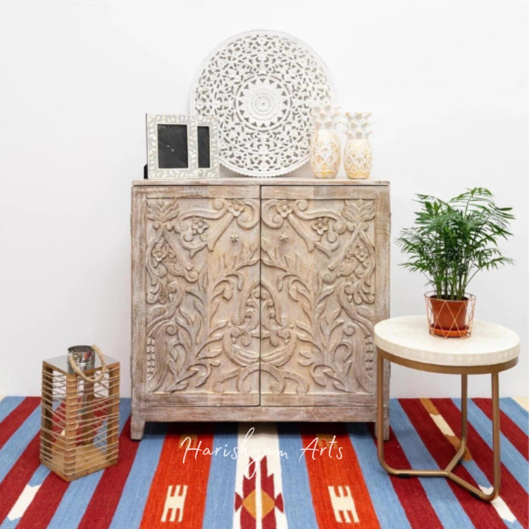 Hand-Carved Wooden Shoe Rack with Ornate Doors & Spacious Storage