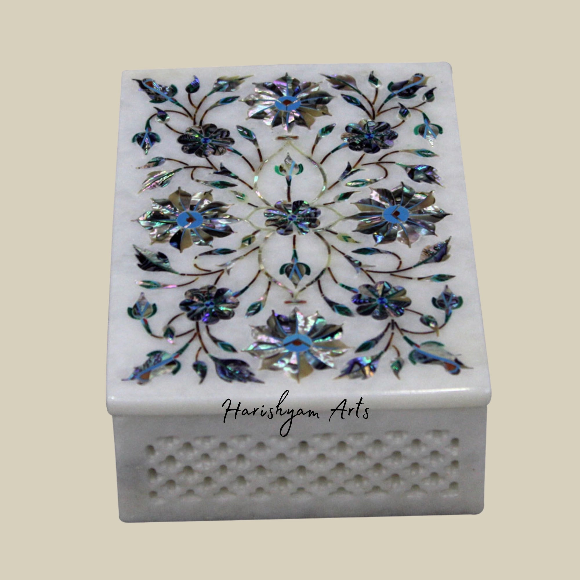 Hand-Carved White Marble Inlay Box with Filigree Detailing1