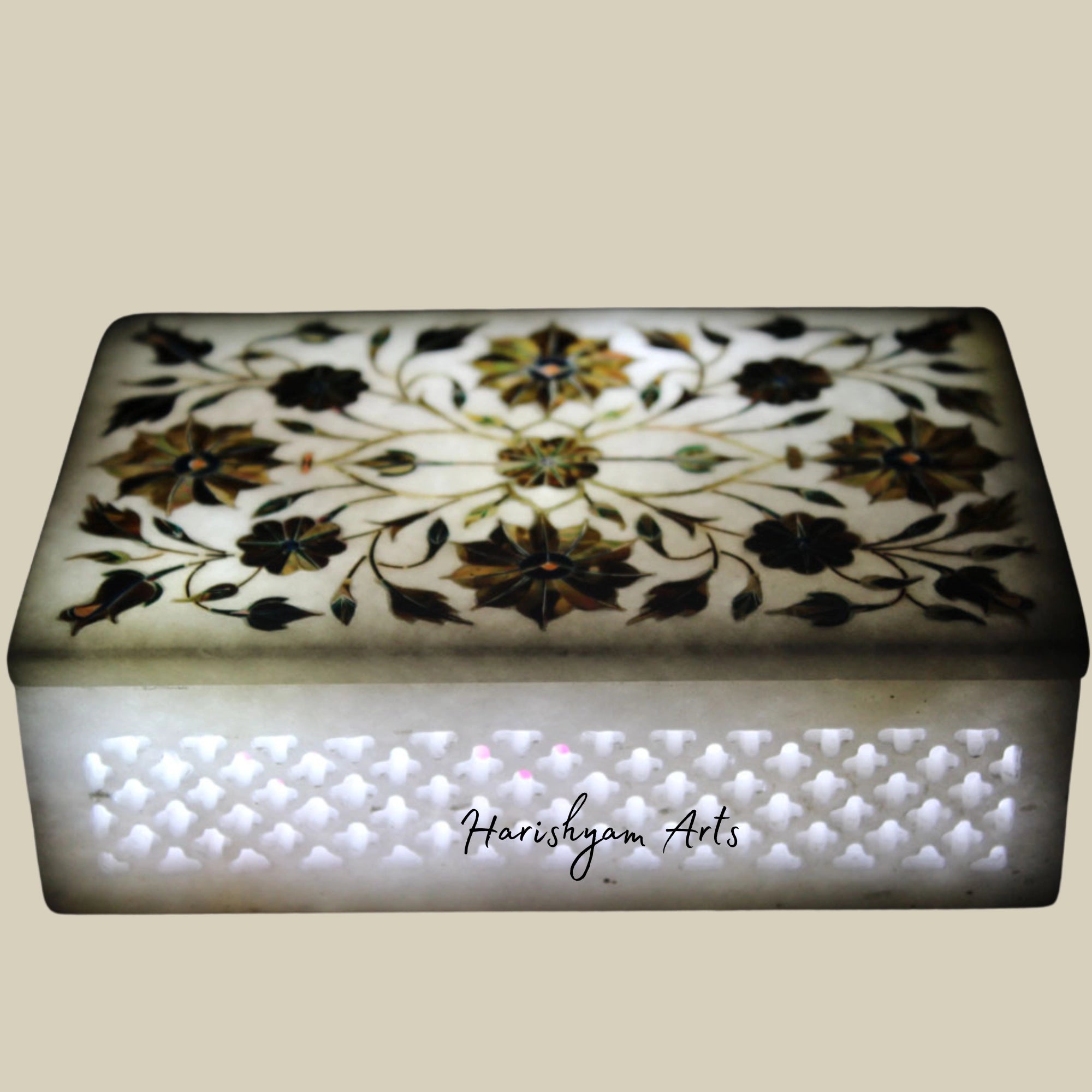 Hand-Carved White Marble Inlay Box with Filigree Detailing2