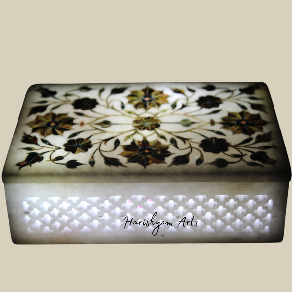 Hand-Carved White Marble Inlay Box with Filigree Detailing