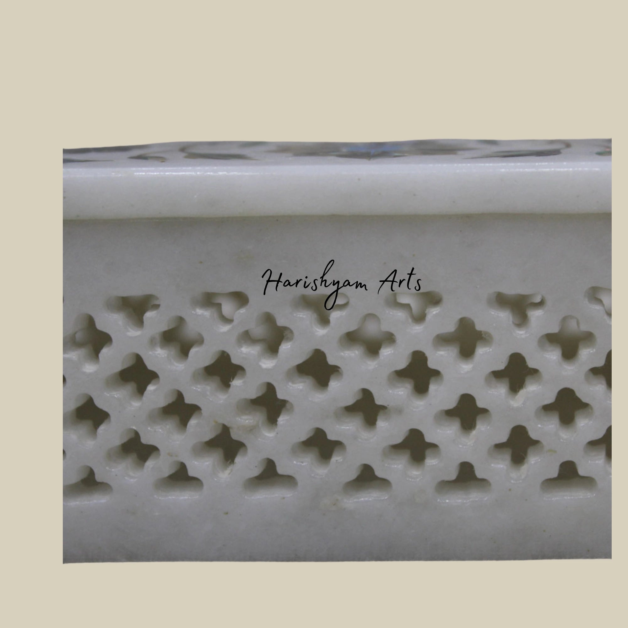 Hand-Carved White Marble Inlay Box with Filigree Detailing