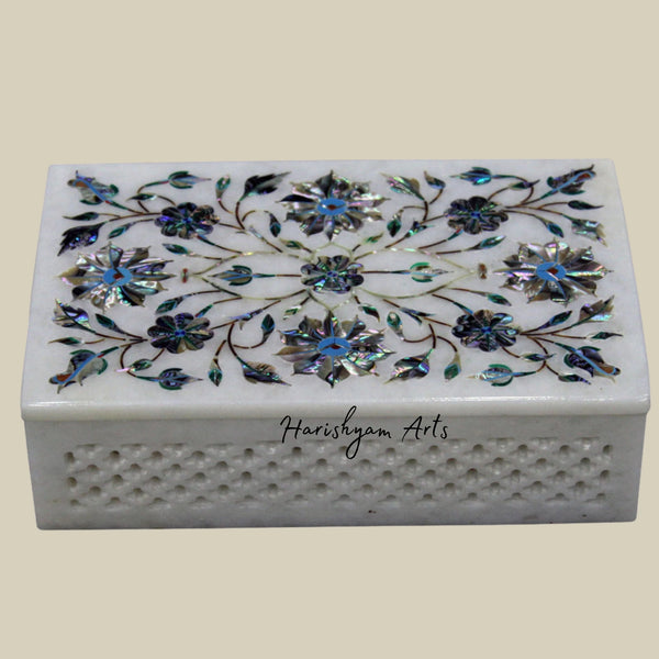 Hand-Carved White Marble Inlay Box with Filigree Detailing