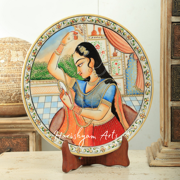 Hand-Painted Indian Art Marble Plate with Intricate Inlay Work