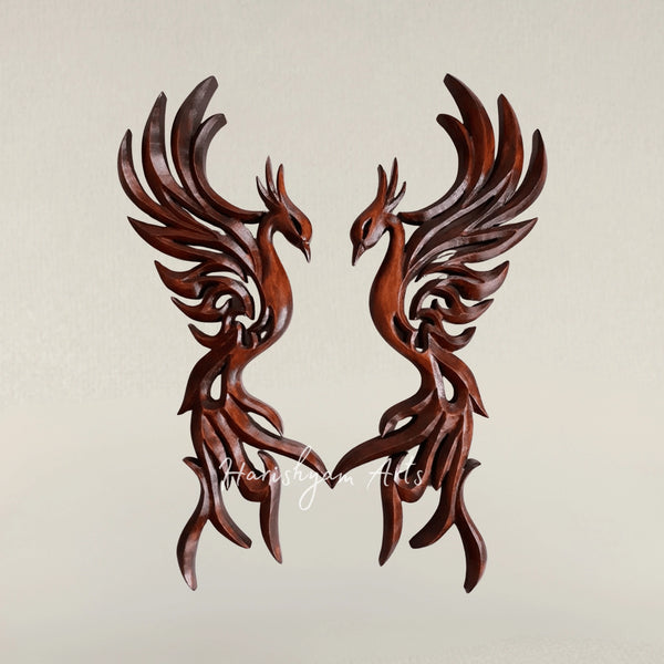 Hand Carved Wooden Wall Art Featuring a Majestic Phoenix