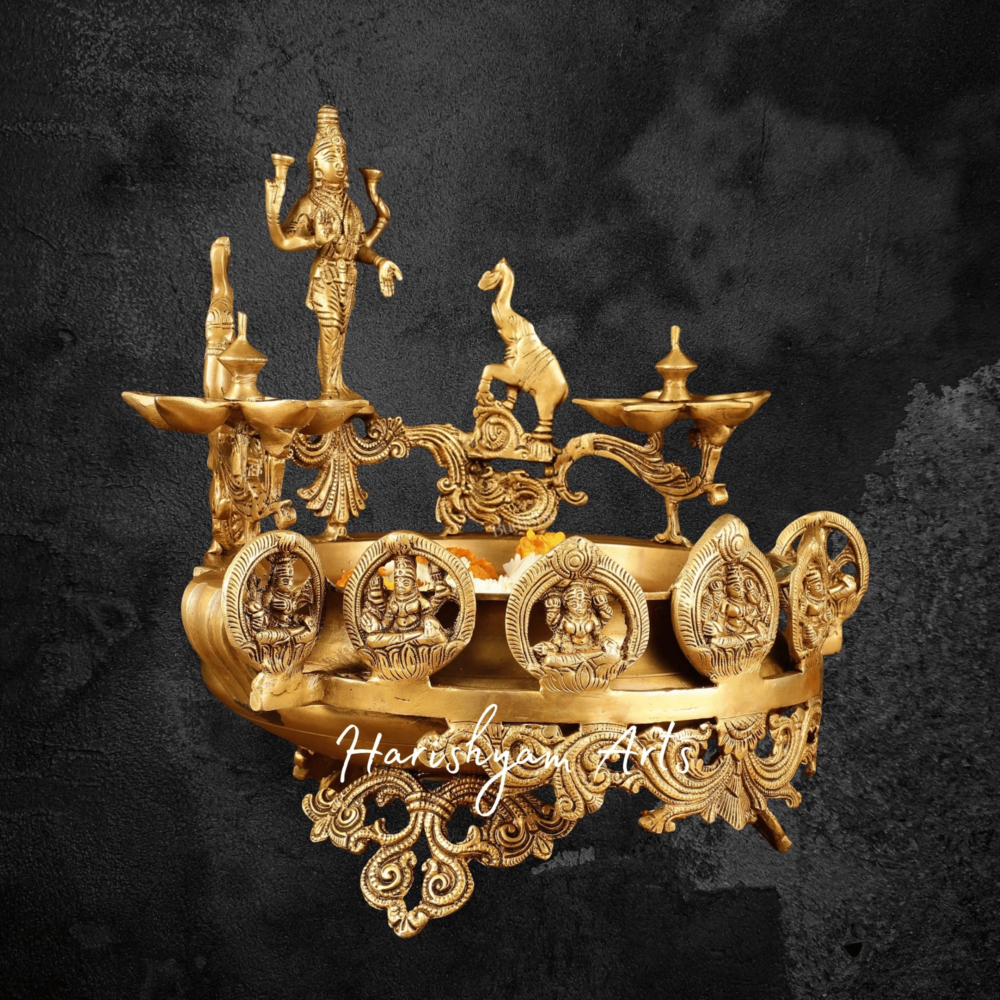 Handcrafted Ashtalakshmi Brass Urli with Attached Diyas for Divine Ambiance