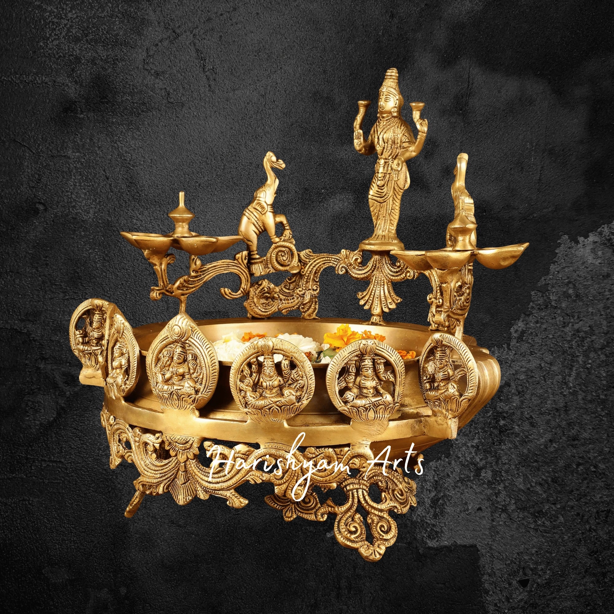 Handcrafted Ashtalakshmi Brass Urli with Attached Diyas for Divine Ambiance