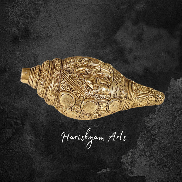 Handcrafted Brass Shankh with Divine Radha Krishna Carvings