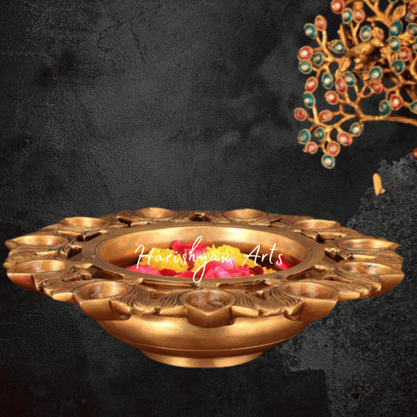 Handcrafted Brass Urli Bowl with 11 Lotus Oil Lamps for Home Temple